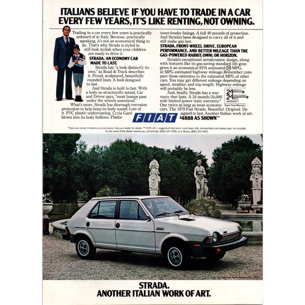 1979 Fiat Strada 4 Door Hatchback Vintage Print Ad Fountain Statues Wall Art